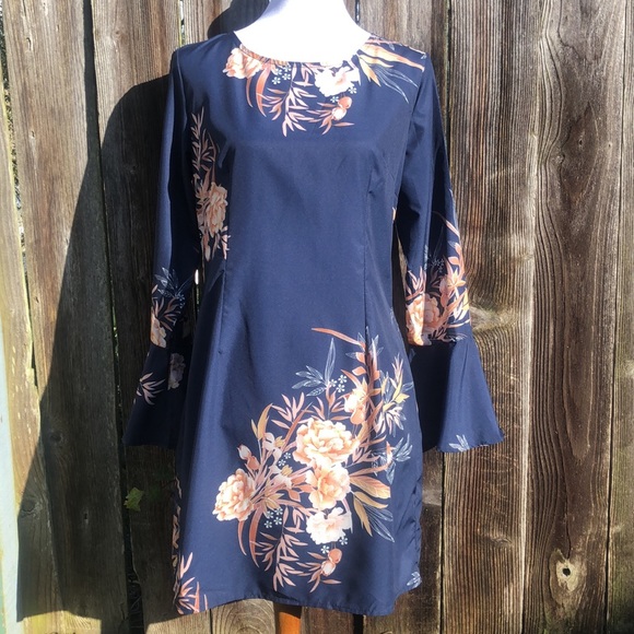 Yoins Mid Thigh Floral Navy Blue Dress w/LongSleeves w/Flared ends Fits like M/L - Picture 3 of 10